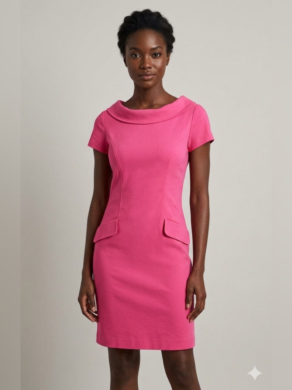Sara Campbell Pink Short Sleeve Dress Sz 2 Sheath Pockets Career Stretch Bright